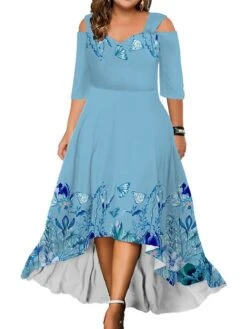 Women‘s Plus Size Curve Party Dress Wedding Guest Dress Swing Dress Long Dress Maxi Dress Pink Blue Green 3/4 Length Sleeve Floral Cold Shoulder Summer Spring Fall V Neck Fashion Birthday -Casual Print Dress Sales qdyrzq1690280938925