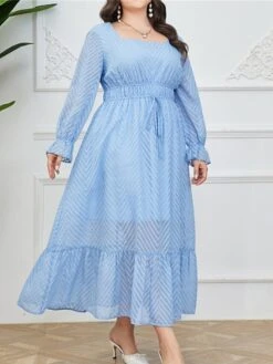 Women's Plus Size Prom Dress Party Dress Corset Dress Long Dress Maxi Dress Light Blue Long Sleeve Pure Color Drawstring Fall Winter Autumn Square Neck Fashion Winter Dress Evening Party Wedding Guest -Casual Print Dress Sales qebeyu1693535310744