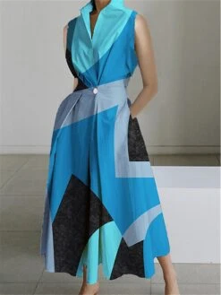 Women's Shirt Dress Casual Dress Swing Dress Maxi Long Dress Outdoor Office Daily Polyester Fashion Modern Shirt Collar Button Pocket Sleeveless Summer Spring 2023 Loose Fit Yellow Dark Pink Blue -Casual Print Dress Sales qeerlc1690859506808