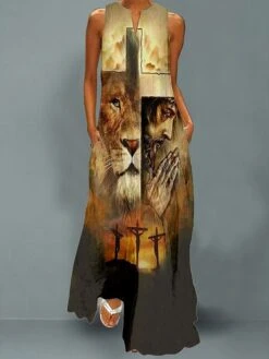 Women's Easter Cross Long Dress Maxi Dress Casual Dress Swing Dress Print Dress Casual Holiday Vacation Beach Pocket Print Sleeveless V Neck Dress Loose Fit Black Yellow Blue Spring