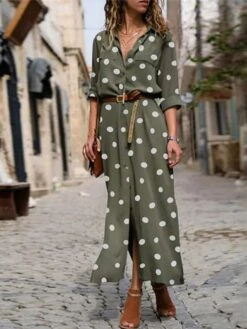 Women's Shirt Dress Maxi Long Dress Winter Dress Daily Date Polyester Fashion Elegant Shirt Collar Print Long Sleeve Summer Spring Fall 2022 Regular Fit Black Army Green Red Polka Dot Round Dots S M
