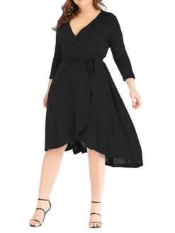 Women‘s Plus Size Curve Work Dress Semi Formal Dress Wrap Dress Fashion Midi Dress Lace Up V Neck Long Sleeve Plain Regular Fit Black Blue Spring Fall XL XXL 3XL 4XL 5XL -Casual Print Dress Sales qeoeae1691402323479