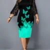 Women‘s Plus Size Curve Work Dress Sheath Dress Floral Butterfly Midi Dress 3/4 Length Sleeve Lace Print Crew Neck Elegant Outdoor Black Khaki Fall Spring XL XXL 3XL 4XL 5XL