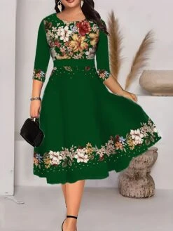 Women‘s Plus Size Curve Work Dress Swing Dress A Line Dress Fashion Midi Dress Print Crew Neck 3/4 Length Sleeve Floral Geometric Regular Fit Black White Green Summer Fall L XL XXL 3XL 4XL -Casual Print Dress Sales qfhmki1690962537860