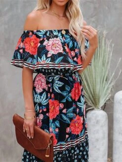 Women's Boho Dress Beach Dress Beach Wear Long Dress Maxi Dress Ruffle Print Boho Casual Floral Off Shoulder Short Sleeve Loose Fit Outdoor Daily Black White 2023 Spring Summer S M L XL -Casual Print Dress Sales qgapsg1675160150950