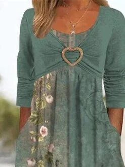 Women's Casual Dress Print Dress Pleated Dress Floral Ruched Pocket Crew Neck Midi Dress Fashion Classic Outdoor Daily 3/4 Length Sleeve Regular Fit Red Blue Green Summer Spring S M L XL XXL