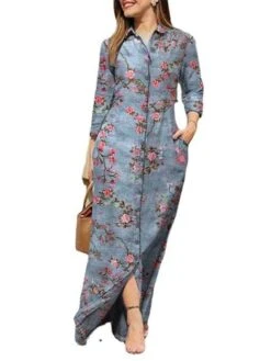 Women's Shirt Dress Casual Dress Shift Dress Maxi Long Dress Winter Dress Daily Holiday Polyester Casual Mature Shirt Collar Button Pocket Long Sleeve Summer Spring Fall 2023 Regular Fit Pink Blue -Casual Print Dress Sales qgstip1657786308635