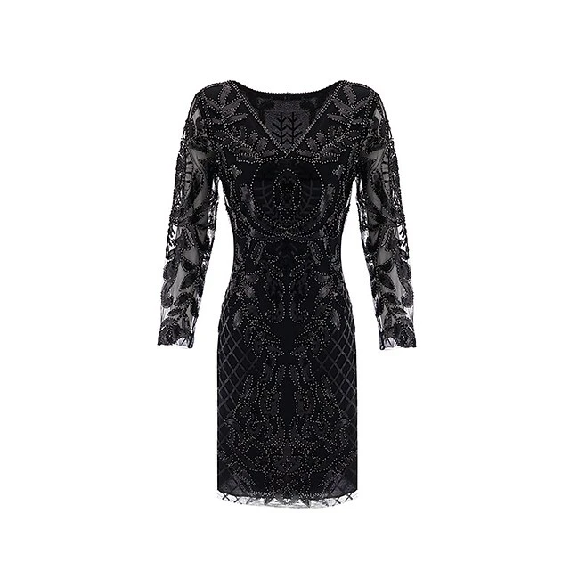 Women's Retro 1920s Sequin Dress Midi Dress Party Halloween Sequins Patchwork Leaf V Neck Long Sleeve Regular Fit Spring Fall 2023 Black Gold S M L XL 3 Women's Retro 1920s Sequin Dress Midi Dress Party Halloween Sequins Patchwork Leaf V Neck Long Sleeve Regular Fit Spring Fall 2023 Black Gold S M L XL - Image 3