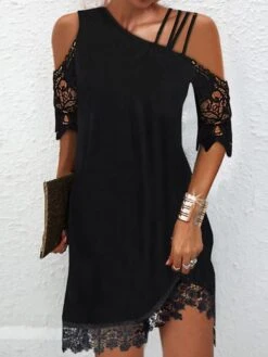 Women's Lace Dress A Line Dress Mini Dress Black Short Sleeve Pure Color Lace Summer Spring Spaghetti Strap Modern 2023 S M L XL