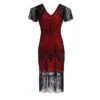 Women's Retro 1920s Fringe Dress Midi Dress Party Halloween Sequins Tassel Fringe Geometric V Neck Short Sleeve Regular Fit Spring Fall 2023 Black Light Red XS S M L