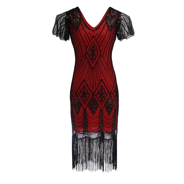 Women's Retro 1920s Fringe Dress Midi Dress Party Halloween Sequins Tassel Fringe Geometric V Neck Short Sleeve Regular Fit Spring Fall 2023 Black Light Red XS S M L 1 Women's Retro 1920s Fringe Dress Midi Dress Party Halloween Sequins Tassel Fringe Geometric V Neck Short Sleeve Regular Fit Spring Fall 2023 Black Light Red XS S M L