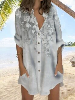 Women's Shirt Dress Casual Dress Shift Dress Mini Dress Outdoor Daily Vacation Polyester Fashion Casual Stand Collar Button Pocket Long Sleeve Summer Spring Fall 2023 Regular Fit Blue Purple Gray -Casual Print Dress Sales qgznol1677232675813
