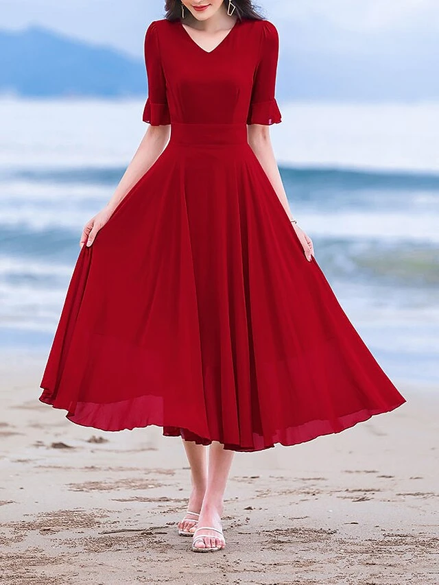 Women's Casual Dress Chiffon Dress Sundress Plain Ruched V Neck Midi Dress Active Fashion Outdoor Daily Short Sleeve Regular Fit White Wine Red Summer Spring S M L XL XXL 8 Women's Casual Dress Chiffon Dress Sundress Plain Ruched V Neck Midi Dress Active Fashion Outdoor Daily Short Sleeve Regular Fit White Wine Red Summer Spring S M L XL XXL - Image 8