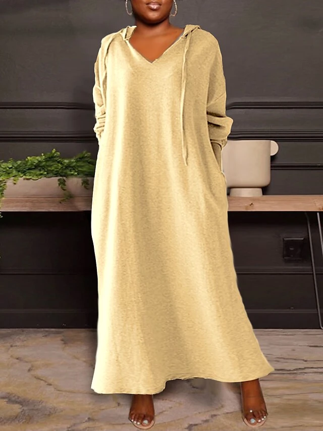 Women's Plus Size Curve Casual Dress Hoodie Dress Solid Color Long Dress Maxi Dress Long Sleeve Pocket Hooded Fashion Outdoor Black Khaki Fall Winter L XL XXL 3XL 4XL 2 Women's Plus Size Curve Casual Dress Hoodie Dress Solid Color Long Dress Maxi Dress Long Sleeve Pocket Hooded Fashion Outdoor Black Khaki Fall Winter L XL XXL 3XL 4XL - Image 2