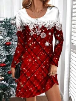 Women's Casual Dress Christmas Dress T Shirt Dress Tee Dress Plaid Snowflake Print V Neck Mini Dress Fashion Streetwear Outdoor Christmas Long Sleeve Loose Fit Black Wine Blue Fall Winter S M L XL XXL