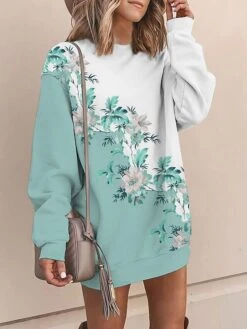 Women's Casual Dress Sweatshirt Dress Mini Dress Warm Fashion Outdoor Vacation Going Out Crew Neck Print Floral Loose Fit Pink Royal Blue Blue S M L XL XXL