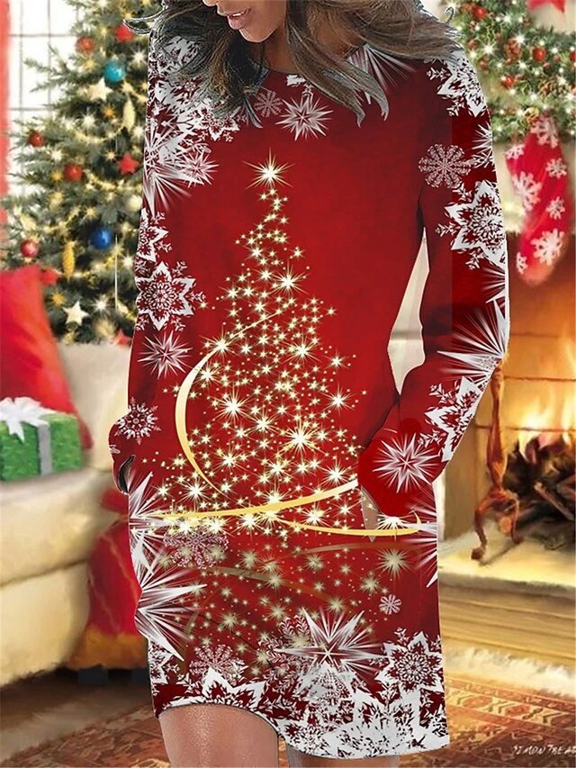 Women's Christmas Casual Dress Sweatshirt Dress Mini Dress Warm Fashion OutdoorHoliday Crew Neck Pocket PrintTree Snowflake Loose Fit Wine Purple Green S M L XL XXL 1 Women's Christmas Casual Dress Sweatshirt Dress Mini Dress Warm Fashion OutdoorHoliday Crew Neck Pocket PrintTree Snowflake Loose Fit Wine Purple Green S M L XL XXL