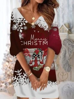 Women‘s Christmas Sweatshirt Dress Winter Dress Short Mini Dress Blue Black 3/4 Length Sleeve Santa Claus Snowman Snowflake Print Fall Winter V Neck Vacation Casual Loose Fit 2022 S M L XL XXL 3XL -Casual Print Dress Sales qizvsv1668664501133
