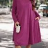 Women's Plus Size Curve Casual Dress Winter Dress T Shirt Dress Tee Dress Solid Color Midi Dress Long Sleeve Pocket Crew Neck Fashion Outdoor Fuchsia Fall Winter XL XXL 3XL
