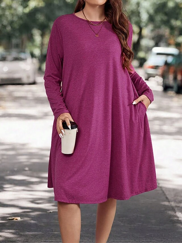Women's Plus Size Curve Casual Dress Winter Dress T Shirt Dress Tee Dress Solid Color Midi Dress Long Sleeve Pocket Crew Neck Fashion Outdoor Fuchsia Fall Winter XL XXL 3XL 1 Women's Plus Size Curve Casual Dress Winter Dress T Shirt Dress Tee Dress Solid Color Midi Dress Long Sleeve Pocket Crew Neck Fashion Outdoor Fuchsia Fall Winter XL XXL 3XL