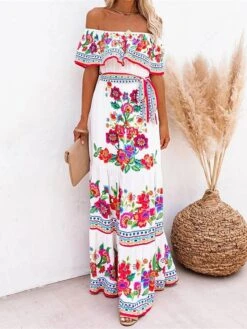 Women's Boho Dress Beach Dress Beach Wear Long Dress Maxi Dress Ruffle Print Boho Casual Floral Off Shoulder Short Sleeve Loose Fit Outdoor Daily Black White 2023 Spring Summer S M L XL -Casual Print Dress Sales qjkwoh1675160138439