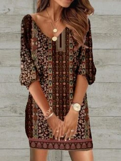 Women's Casual Dress Ethnic Dress Shift Dress Mini Dress Black Wine Red 3/4 Length Sleeve Floral Print Spring Fall Winter V Neck Fashion Loose Fit 2023 S M L XL XXL 3XL 4XL 5XL -Casual Print Dress Sales qjpblt1671420163007