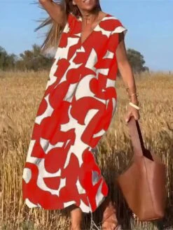 Women's Casual Dress Summer Dress Print Dress Geometric Color Block Pocket Print V Neck Long Dress Maxi Dress Active Fashion Outdoor Street Sleeveless Loose Fit Red Blue Purple Summer Spring S M L XL -Casual Print Dress Sales qkisfn1689922859621