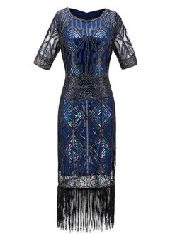 Women's Retro 1920s Fringe Dress Midi Dress Party Halloween Sequins Tassel Fringe Geometric Crewneck Short Sleeve Regular Fit Spring Fall 2023 Red Blue S M L XL -Casual Print Dress Sales qkvvjk1693206882395