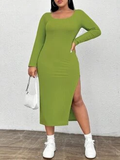 Women‘s Plus Size Curve Party Dress Cocktail Dress Wedding Guest Dress Midi Dress Green Long Sleeve Pure Color Split Spring Fall Winter Crew Neck Fashion Birthday Wedding Guest Vacation 2023 -Casual Print Dress Sales qkysit1692174449146