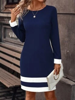 Women's Casual Dress Sweatshirt Dress Winter Dress Stripe Print Crew Neck Midi Dress Active Fashion Outdoor Daily Long Sleeve Regular Fit Navy Blue Fall Winter S M L XL XXL -Casual Print Dress Sales qlefuf1696523550355