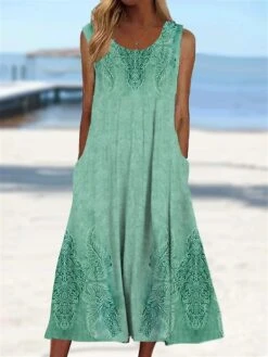 Women's Casual Dress Tank Dress Floral Feather Pocket Crew Neck Midi Dress Active Going Out Sleeveless Regular Fit Light Green Navy Blue Blue Summer Spring S M L XL XXL -Casual Print Dress Sales qliqba1688036373846