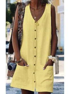 Women's Shift Dress Mini Dress White Yellow Orange Sleeveless Pure Color Summer Spring V Neck Casual 2023 S M L XL XXL