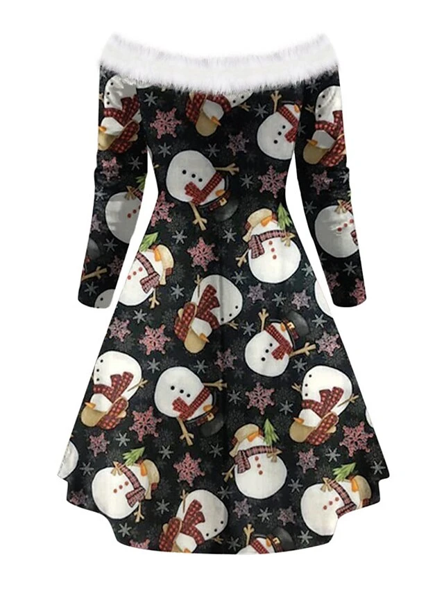 Women's Christmas Swing Dress Vintage Dress Mini Dress Green Blue Royal Blue Red White Black Long Sleeve Santa Claus Snowman Snowflake Feather Print Winter Fall Off Shoulder Stylish Elegant 6 Women's Christmas Swing Dress Vintage Dress Mini Dress Green Blue Royal Blue Red White Black Long Sleeve Santa Claus Snowman Snowflake Feather Print Winter Fall Off Shoulder Stylish Elegant - Image 6