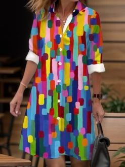 Women's Shirt Dress Casual Dress Midi Dress Outdoor Daily Date Polyester Fashion Modern Shirt Collar Button Pocket Long Sleeve Fall Winter 2023 Loose Fit Pink Dark Pink Navy Blue Geometric Color -Casual Print Dress Sales qluheu1695204655753