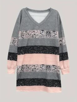 Women's Casual Dress Sweatshirt Dress Print Dress Geometric Stripe Print V Neck Mini Dress Fashion Streetwear Outdoor Daily 3/4 Length Sleeve Loose Fit Pink Dusty Rose Blue Fall S M L XL XXL -Casual Print Dress Sales qlwrkt1695361703888