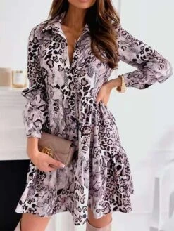 Women's Shirt Dress Casual Dress Mini Dress Outdoor Daily Date Polyester Fashion Modern Shirt Collar Ruched Print Long Sleeve Spring Fall Winter 2023 Regular Fit Purple Snake Print S M L XL 2XL