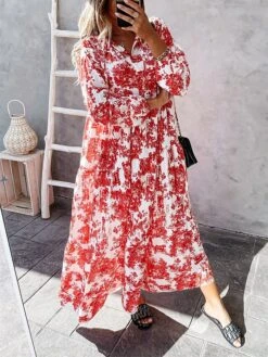 Women's Casual Dress Swing Dress Print Dress Floral Ruched Print V Neck Long Dress Maxi Dress Fashion Streetwear Outdoor Street Long Sleeve Loose Fit Red Blue Green Fall Winter S M L XL XXL -Casual Print Dress Sales qmcuas1694066130365