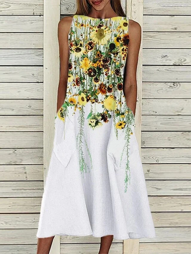 Women‘s A Line Dress Midi Dress Sleeveless Floral Pocket Cold Shoulder Print Spring Summer Round Neck Casual Vintage Going Out 2023 S M L XL XXL Cotton 4 Women‘s A Line Dress Midi Dress Sleeveless Floral Pocket Cold Shoulder Print Spring Summer Round Neck Casual Vintage Going Out 2023 S M L XL XXL Cotton - Image 4