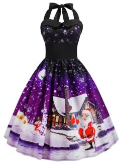 Women's Christmas Knee Length Dress Blue Purple Blushing Pink Red Sleeveless Print Lace Up Print Fall Summer Halter Neck VintageParty Slim 2021 S M L XL XXL -Casual Print Dress Sales qmudow1601018458507