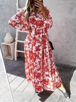 Women's Casual Dress Swing Dress Print Dress Floral Ruched Print V Neck Long Dress Maxi Dress Fashion Streetwear Outdoor Street Long Sleeve Loose Fit Red Blue Green Fall Winter S M L XL XXL -Casual Print Dress Sales qmzjiy1694066132382