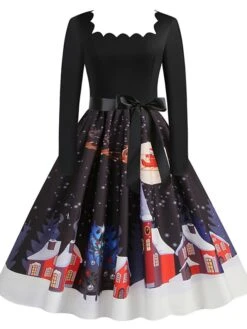 Women's Christmas Vintage Dress Midi Dress Black And White Green Black Long Sleeve Santa Claus Bow Winter Fall Autumn Square Neck Stylish Christmas Vacation 2022 S M L XL XXL 3XL -Casual Print Dress Sales qmzpdb1667637300957