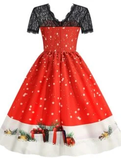 Women's Christmas Knee Length Dress Blue Purple Wine Green Black Red Short Sleeve Print Lace Print Fall Winter Round Neck CasualRegular Fit 2021 S M L XL XXL 3XL -Casual Print Dress Sales qmztto1632737572611