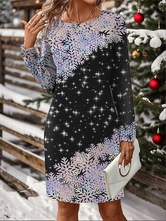 Women's Christmas Dress Casual Dress Mini Dress Active Fashion Outdoor Christmas Holiday Crew Neck Print Snowman Snowflake Loose Fit Black White Wine S M L XL XXL 2 Women's Christmas Dress Casual Dress Mini Dress Active Fashion Outdoor Christmas Holiday Crew Neck Print Snowman Snowflake Loose Fit Black White Wine S M L XL XXL - Image 2