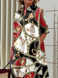 Women's Shirt Dress Casual Dress Midi Dress Outdoor Office Daily Polyester Fashion Modern Shirt Collar Button Pocket Long Sleeve Fall Winter 2023 Loose Fit Black Pink Wine Color Block Graffiti S M L -Casual Print Dress Sales qnpnny1693390906930