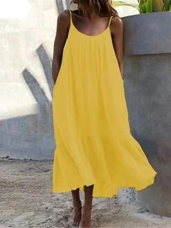 Women's Casual Dress White Dress Summer Dress Long Dress Maxi Dress Ruffle Pocket Daily Date Going Out Fashion Basic Strap Sleeveless 2023 Loose Fit Black White Yellow Color S M L XL XXL Size -Casual Print Dress Sales qnwhxo1689327298986