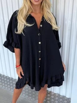 Women's Shirt Dress Casual Dress Mini Dress Outdoor Daily Vacation Polyester Fashion Modern Shirt Collar Ruffle Button Half Sleeve Summer Spring Fall 2023 Regular Fit ArmyGreen Black White Plain S M -Casual Print Dress Sales qocewx1689924399965