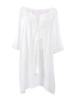 Women's Swimwear Cover Up Beach Dress Normal Swimsuit Lace Up UV Protection Modest Swimwear Pure Color Light Blue Black White Blue Scoop Neck Bathing Suits New Vacation Stylish -Casual Print Dress Sales qoicoq1645522757039