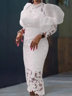 Women‘s Plus Size Curve Party Dress Lace Dress Cocktail Dress Midi Dress White Pink Long Sleeve Pure Color Lace Spring Fall Winter Stand Collar Fashion Wedding Guest Vacation Fall Dress 2023 -Casual Print Dress Sales qosdcj1690946614373