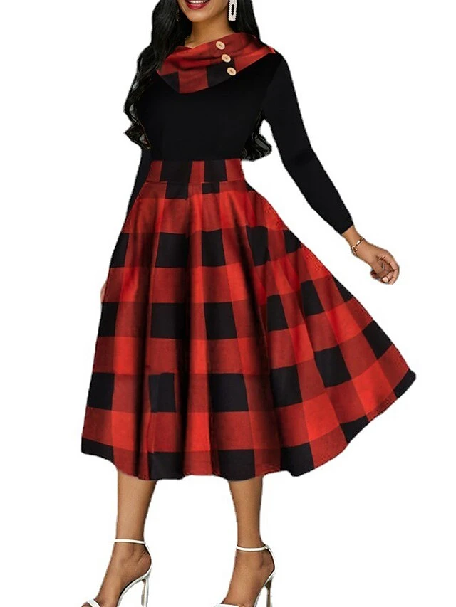 Women‘s Christmas Retro Elegant Vintage Dress Midi Dress Party Ruffle Patchwork Plaid Crew Neck Long Sleeve Regular Fit Fall Winter 2023 Red S M L XL 4 Women‘s Christmas Retro Elegant Vintage Dress Midi Dress Party Ruffle Patchwork Plaid Crew Neck Long Sleeve Regular Fit Fall Winter 2023 Red S M L XL - Image 4