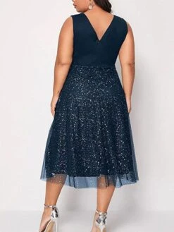Women‘s Plus Size Curve Party Dress Solid Color V Neck Mesh Sleeveless Spring Fall Elegant Sexy Sequins Prom Dress Midi Dress Formal Party Dress Sequin Dress Homecoming Dress Print -Casual Print Dress Sales qpavag1627636580211